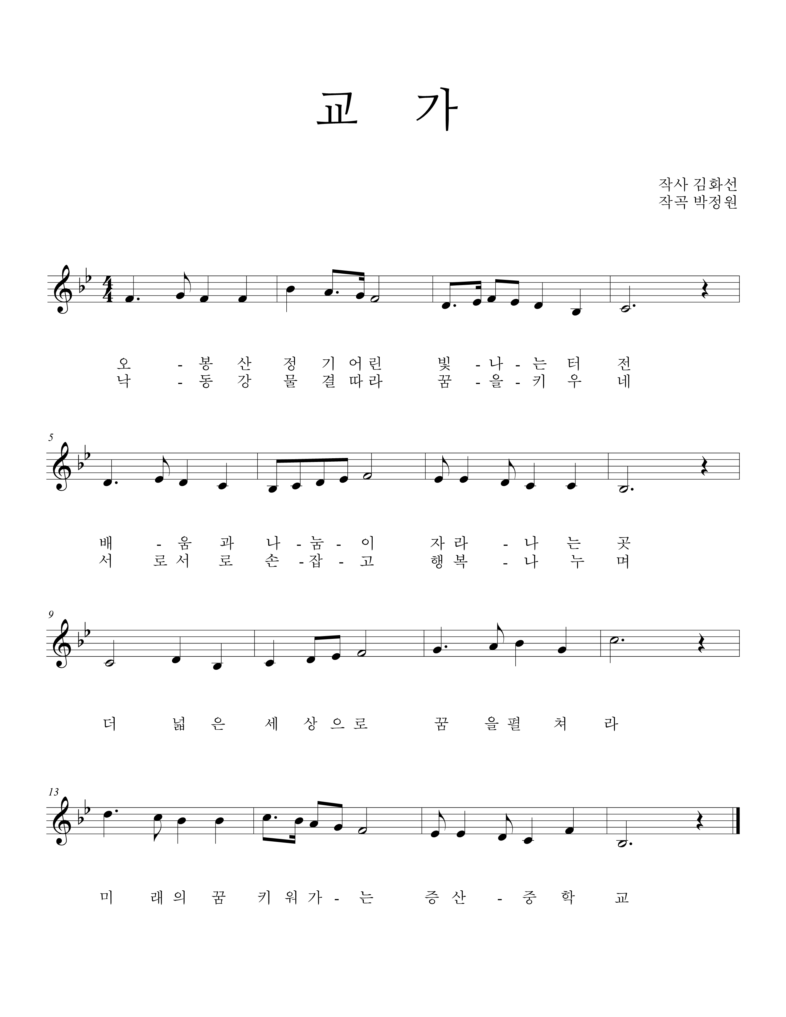 오-봉산 정기어린 빛-나-는 터전
낙-동강 물결따라 꿈-을-키우네

배-움과 나-눔-이 자라-나는곳
서로서로 손-잡-고 행복-나누며

더 넓은 세상으로 꿈을 펼쳐라
미래의 꿈 키워가-는 증산-중학교